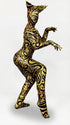 Person models a Cat Costume with a beautiful fantasy headpiece and spandex catsuit, perfect for Halloween or dancewear, in gold and black patterns against a white background. Trending now!.