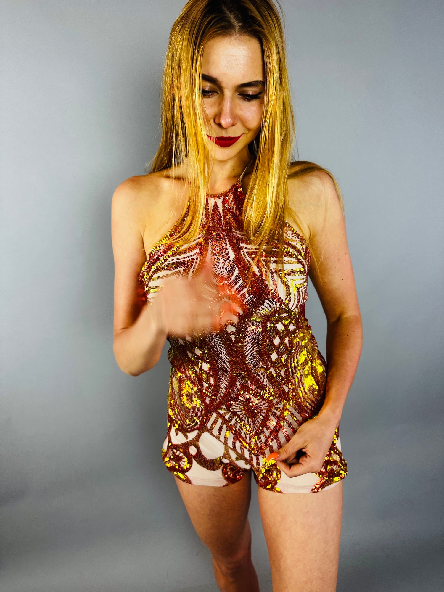Sunset Sequin backless Top and Bottom Set, Sparkling Dance shorts.