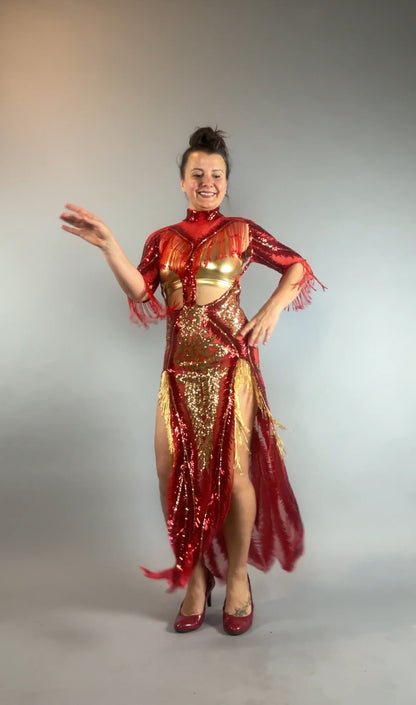 Woman wearing the bearded French accessories Sequin Sheer Dress—backless, with beaded fringe—smiling and posing against a plain gray background.