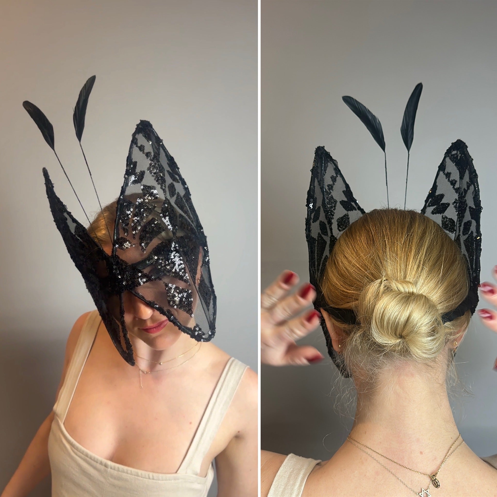 Model wearing the Butterfly Headpiece—an open-face black lace hat shaped like butterfly wings. This festive holiday costume accessory adds elegance and flair to any look, shown here from both front and back angles.