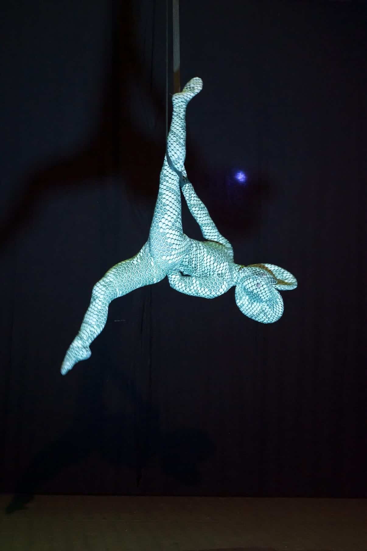 An aerial performer hangs upside down on a dark stage in a sparkling Green pixel Cobra Costume—snake print catsuit, serpent cosplay, contortionist outfit, dance unitard with headdress—custom made for dramatic effect.