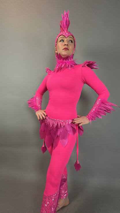 Person in a vibrant Pink bird full costume for aerial gymnastics, dancers, and TV productions—stands barefoot against a plain background; ideal for unique performances.