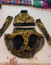Introducing the Gold Sequin on Black Crop Top and Bottom Set—a dazzling halterneck top paired with skirted bottoms and coordinating hand accessories. This dance costume shines with shimmering golden sequins set against sleek black mesh, creating an elegant and eye-catching stage ensemble.