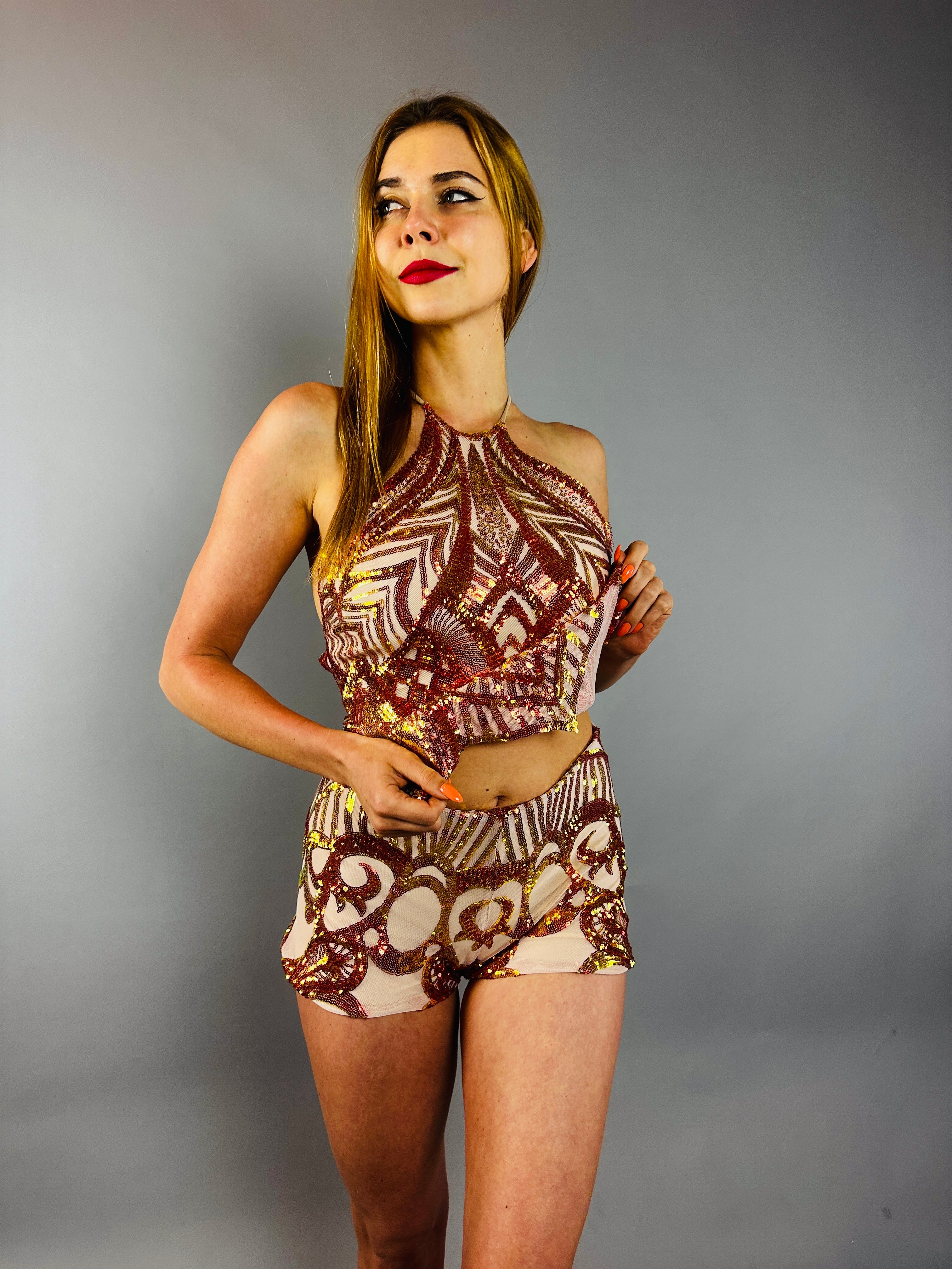 Sunset Sequin backless Top and Bottom Set, Sparkling Dance shorts.