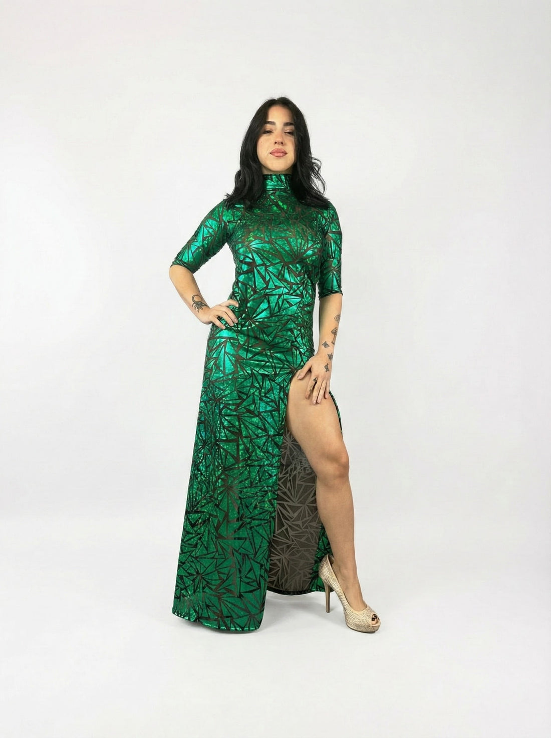Emerald Green Mesh Dress, Turtleneck, 3/4 Sleeves