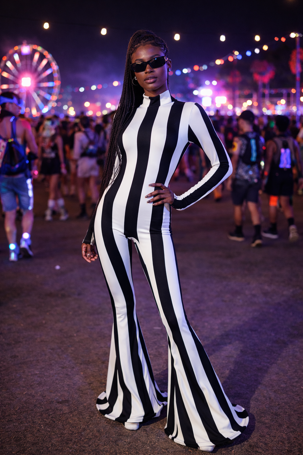 A woman poses at a vibrant outdoor festival with a ferris wheel in the background, showing off her Rave White Striped Catsuit with bellbottom legs, perfect for making a statement as a festival performer.