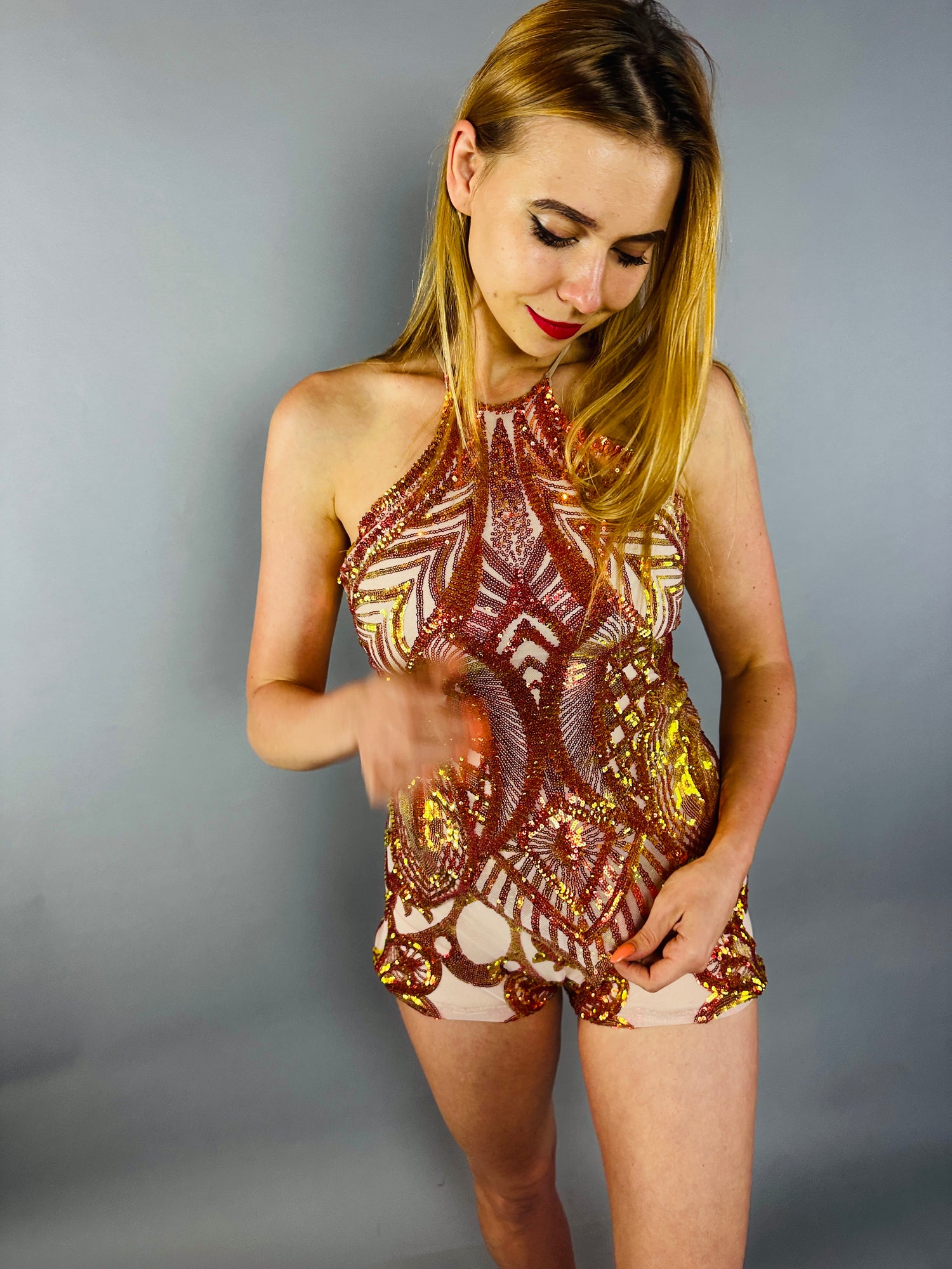 Sunset Sequin backless Top and Bottom Set, Sparkling Dance shorts.