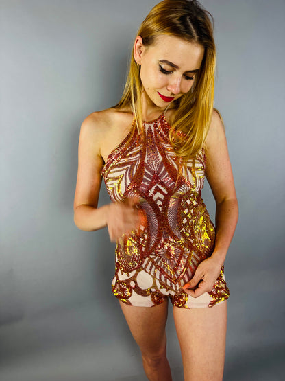 Sunset Sequin backless Top and Bottom Set, Sparkling Dance shorts.
