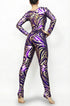 A person in a creative cosplay wears the Frozen Snowflake Purple Gold Catsuit with a round neck and full sleeves, standing barefoot, hands on hips, back facing the camera.