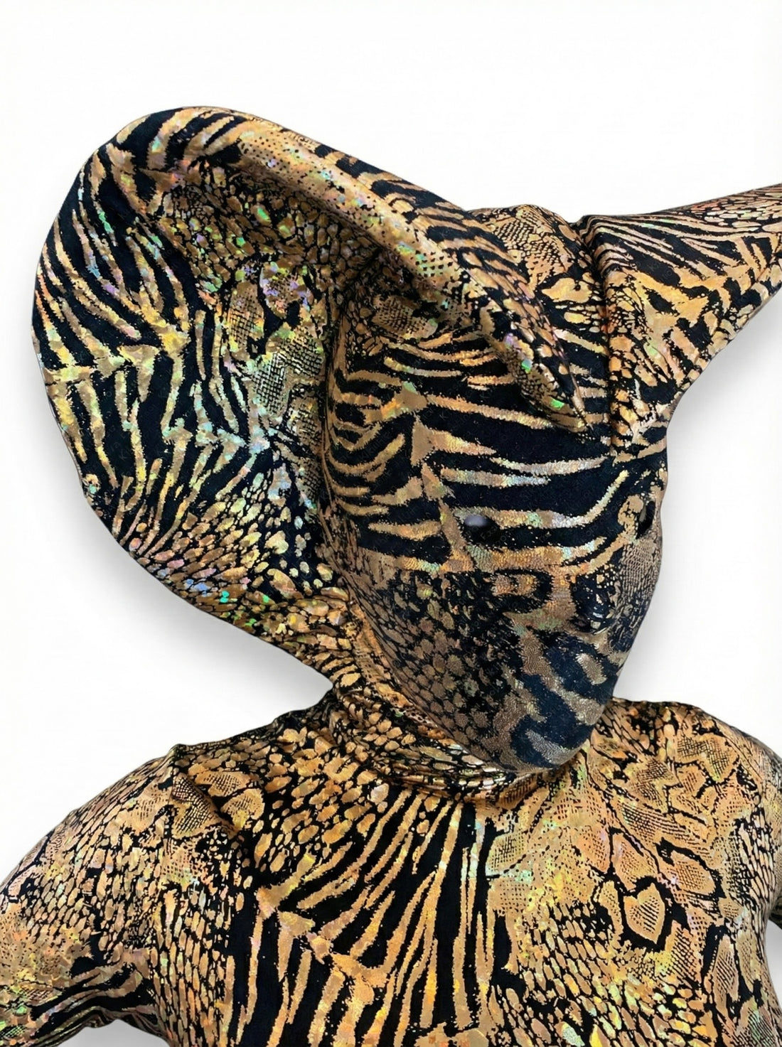 Person wearing the Gold Cobra Snake Costume—an abstract, shiny spandex catsuit custom-made for gymnastics, acrobatics, dancers, or contortionists—with large pointed ears and no visible face, shown against a white background.