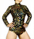 A person stands hands on hips wearing the Holographic Swirl Bodysuit for Performers—a gold and black metallic, long sleeve mock neck leotard in stretch spandex, perfect for dance, festivals, or raves.