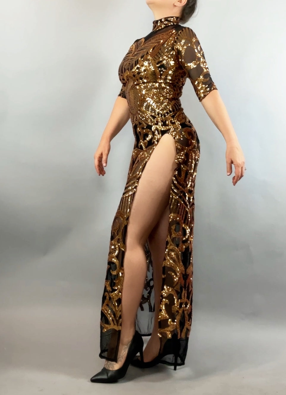 Gold Sequin on Black Sheer Dress, Showgirl Costume, Exotic Dancewear, Sequin Dress, Party Outfit, Gogo Gig, Club Wear