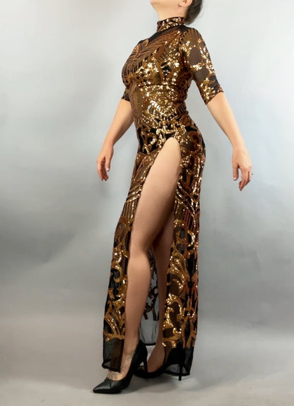 Gold Sequin on Black Sheer Dress, Showgirl Costume, Exotic Dancewear, Sequin Dress, Party Outfit, Gogo Gig, Club Wear