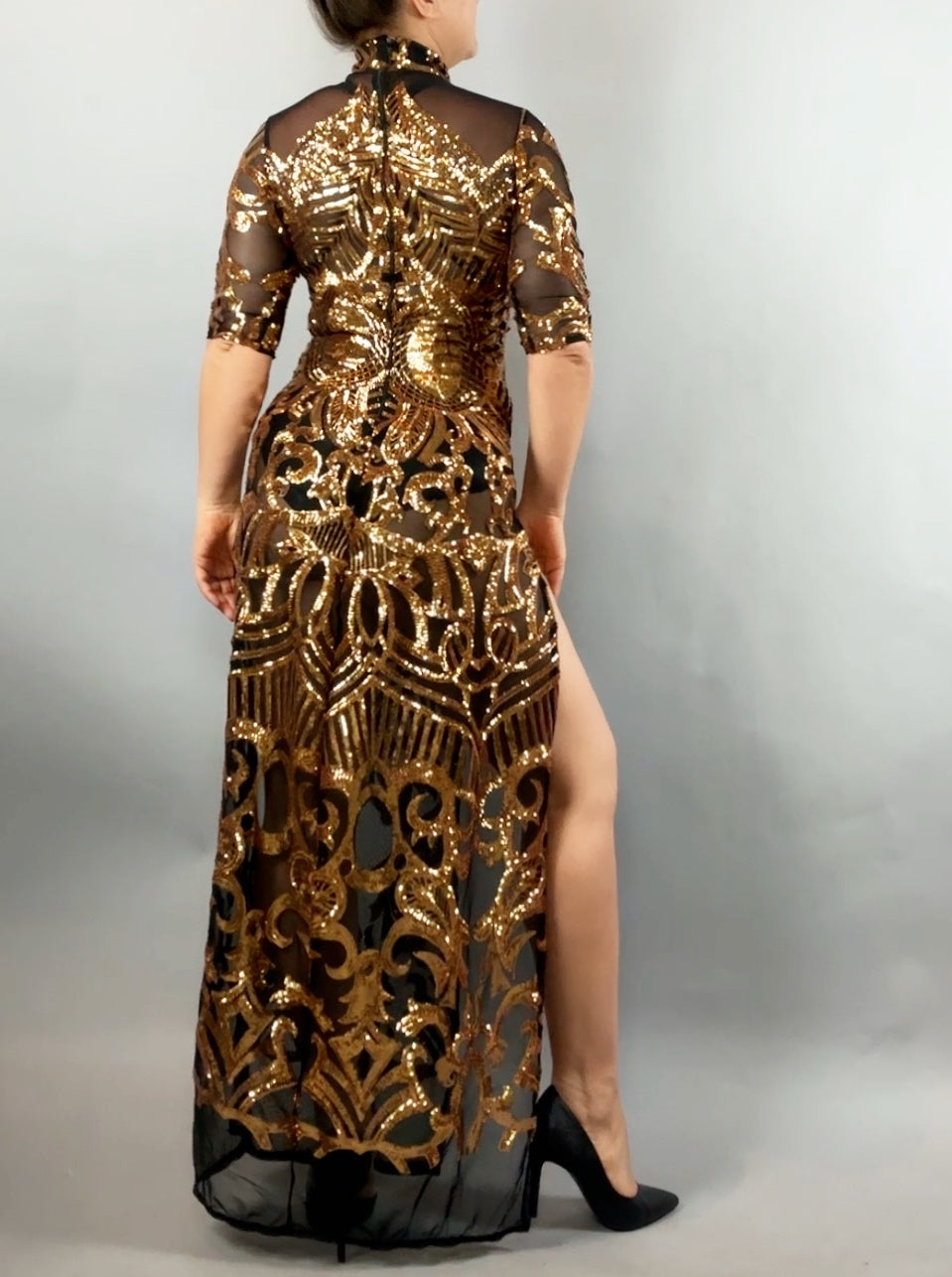 Gold Sequin on Black Sheer Dress, Showgirl Costume, Exotic Dancewear, Sequin Dress, Party Outfit, Gogo Gig, Club Wear