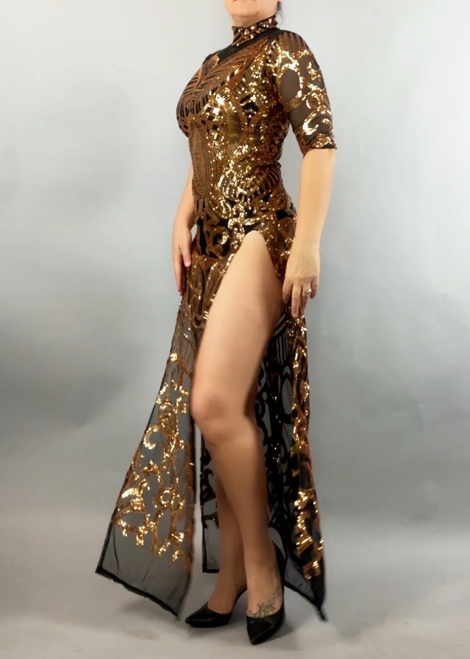 Gold Sequin on Black Sheer Dress, Showgirl Costume, Exotic Dancewear, Sequin Dress, Party Outfit, Gogo Gig, Club Wear