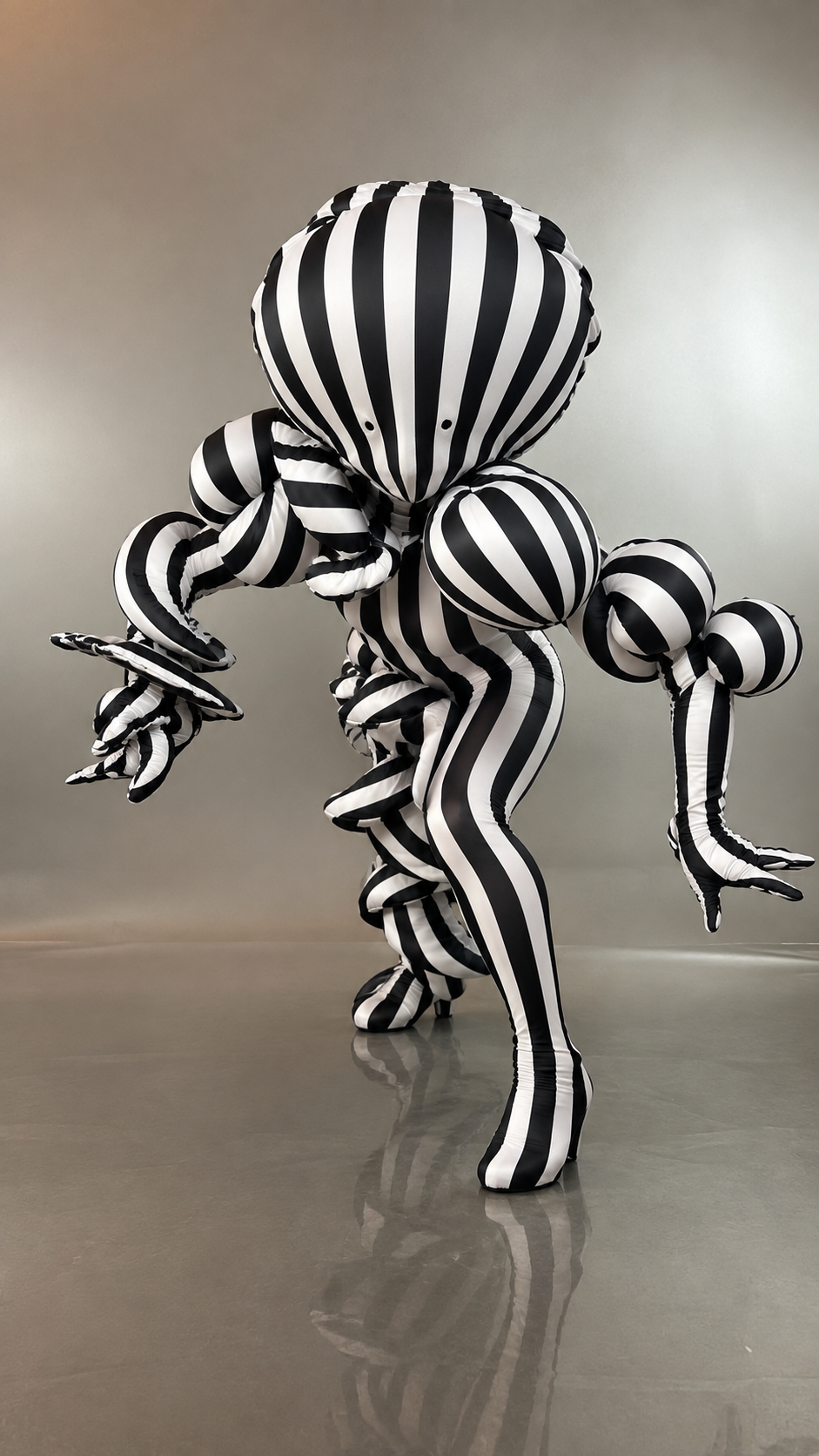 A person models the Creature Costume, an avant-garde full body suit featuring a marble print spandex design, in a gray studio setting.