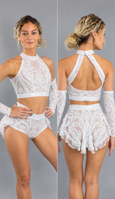 Woman modeling the Gold Sequin on Black Crop Top and Bottom Set, with halterneck top and hand accessories.