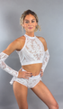 Woman poses in White Sequin on white Crop Top and Bottom Set, Halterneck Top, Hand Accessories against gray background.