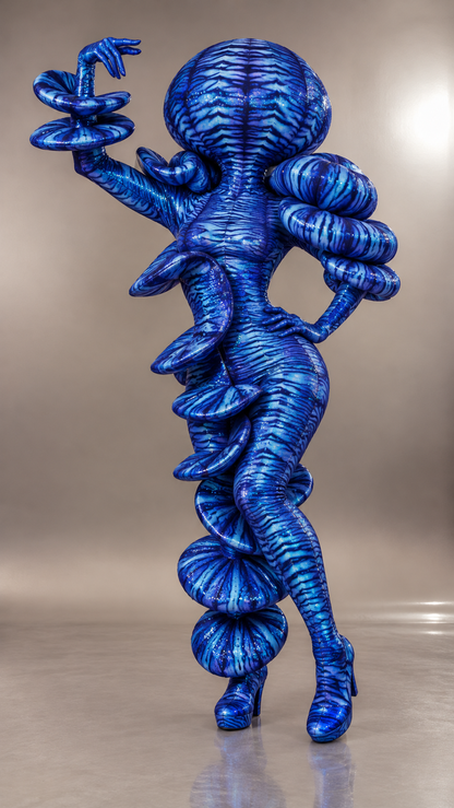 Black and White Striped Creature Costume with a rounded headpiece and protruding, circular sculptural elements.