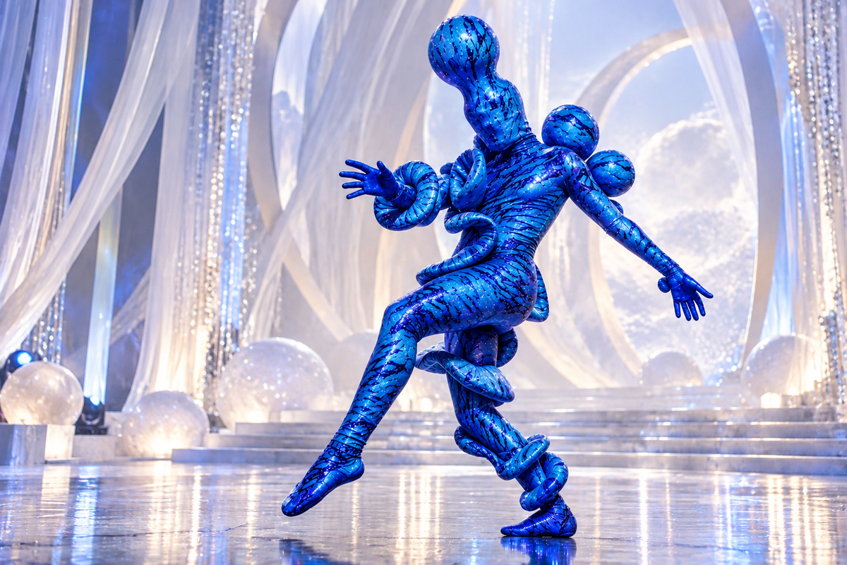 A performer in a Black and White Striped Creature Costume with Sculptural Details dancing on a stage.