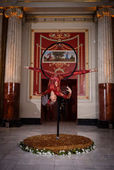 An acrobat in a custom-made black sequin bodysuit performs an upside-down split on a hoop in an ornate hall, wearing the Showgirl Costume, Sequin Bodysuit for Women or Men.