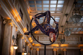 A performer in a custom made Showgirl Costume—black sequin sheer bodysuit—poses upside down on a circular aerial hoop in an ornate hall.