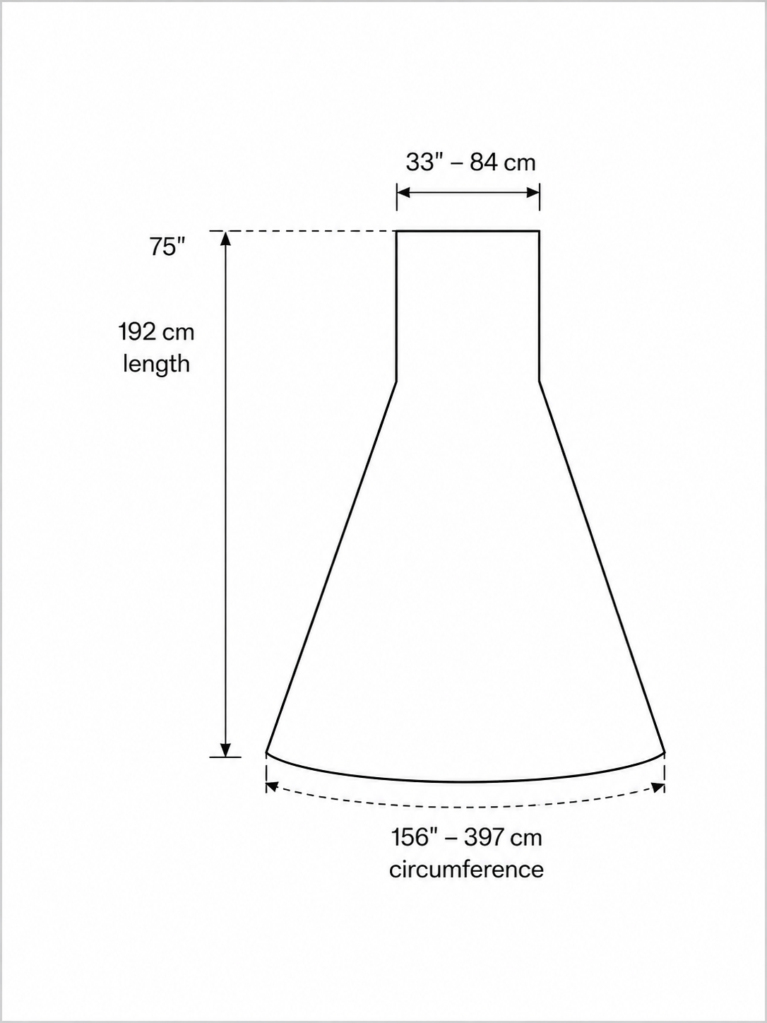 Line drawing of a conical shape with labeled length, top width, and bottom circumference—perfect for designing the Long White Sequin Gown with Hem and matching Gloves.