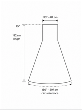 Line drawing of a conical shape with labeled length, top width, and bottom circumference—perfect for designing the Long White Sequin Gown with Hem and matching Gloves.