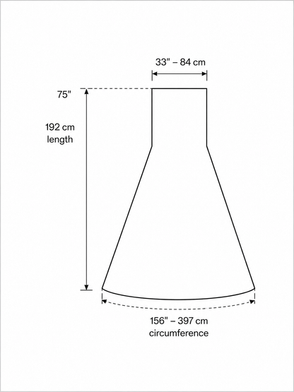 Line drawing of a conical shape with labeled length, top width, and bottom circumference—perfect for designing the Long White Sequin Gown with Hem and matching Gloves.