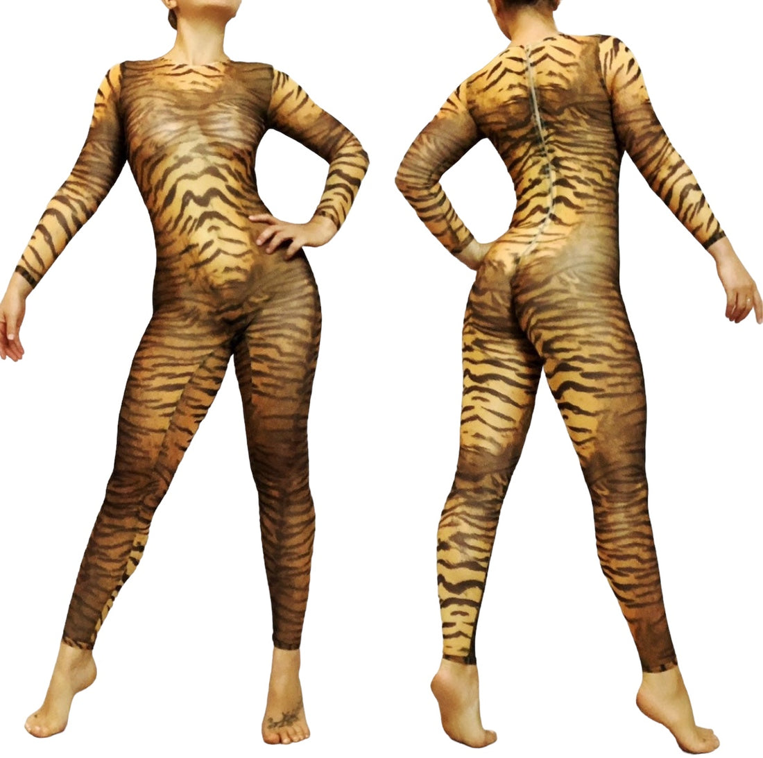 Tiger Print Sheer Catsuit, Power Mesh Bodysuit, Full Sleeves