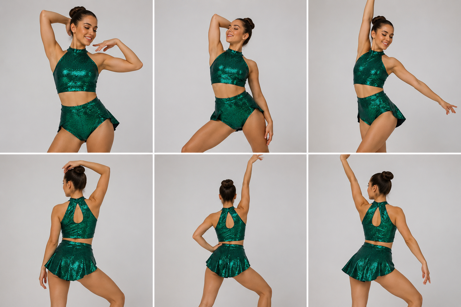 Six images of a woman modeling the Unique Circus Fashion Pole Dance Bodysuit for Aerialists in emerald green hologram spandex, featuring a sparkly crop top and high-waisted shorts, posing against a plain light background.
