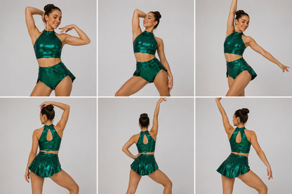 Six images of a woman modeling the Unique Circus Fashion Pole Dance Bodysuit for Aerialists in emerald green hologram spandex, featuring a sparkly crop top and high-waisted shorts, posing against a plain light background.