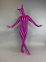 Fantasy creature,Stripe Jumpsuit, cat costume, exotic dance wear,Gymnastic Dance costume, festival fashion.
