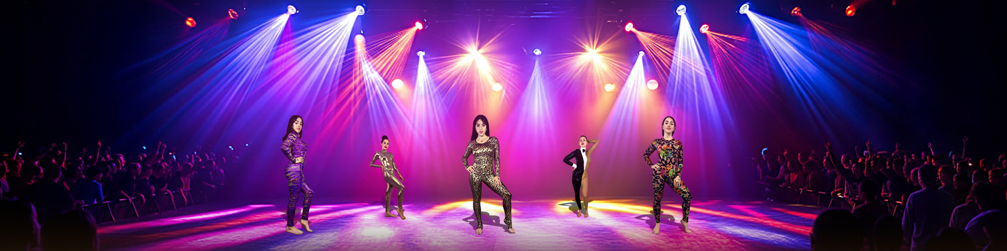 Six dancers in animal print costumes perform on a stage with colorful spotlights and an audience watching.