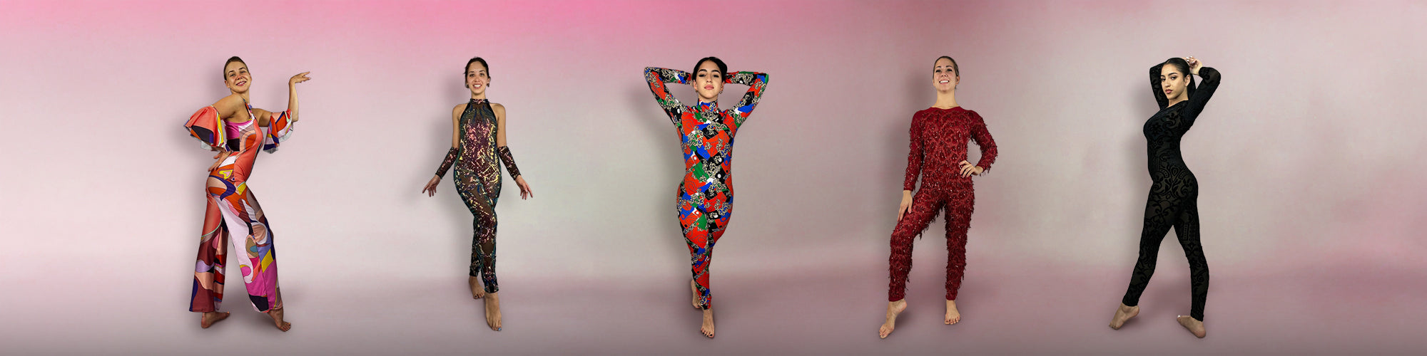 Five women pose in colorful and patterned jumpsuits against a pink and white gradient background.
