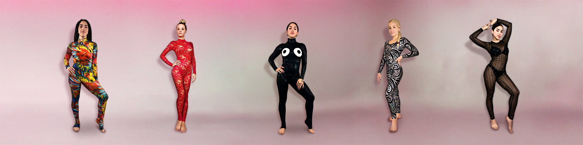 Five women in colorful, patterned bodysuits pose against a pink gradient background.