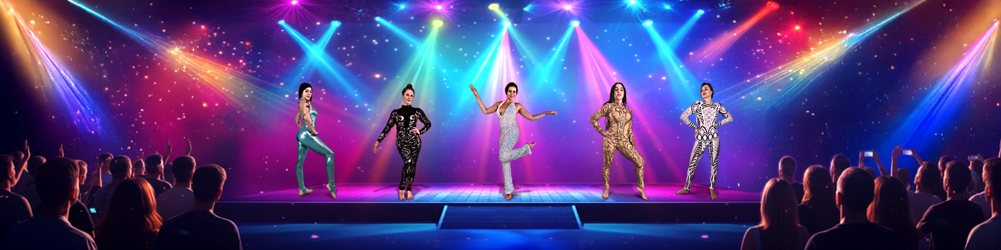 Five drag performers pose onstage under colorful lights, with an audience watching in the foreground.