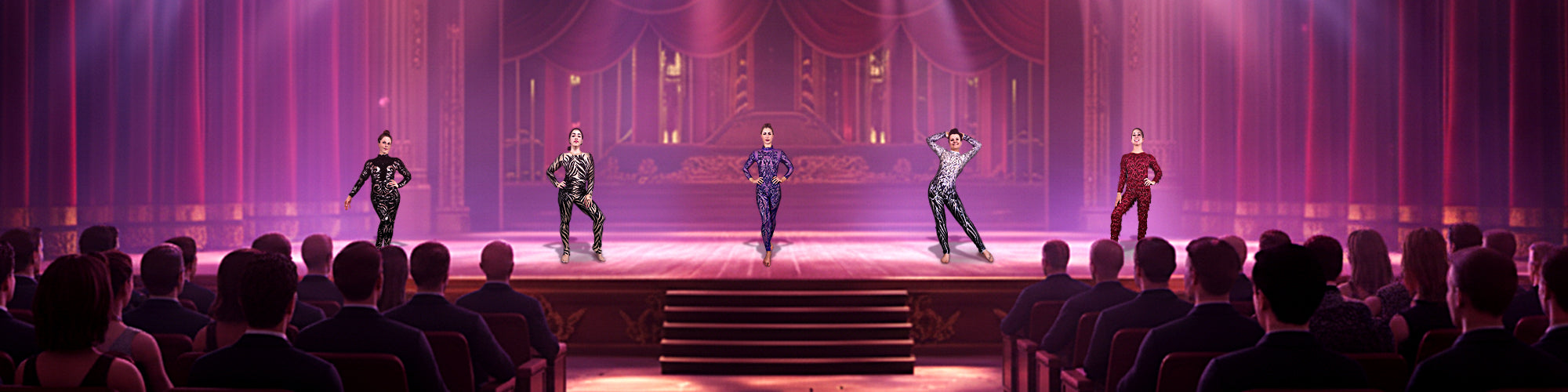 Five performers in sparkling outfits dance on a theater stage before an audience in a grand, elegant hall.