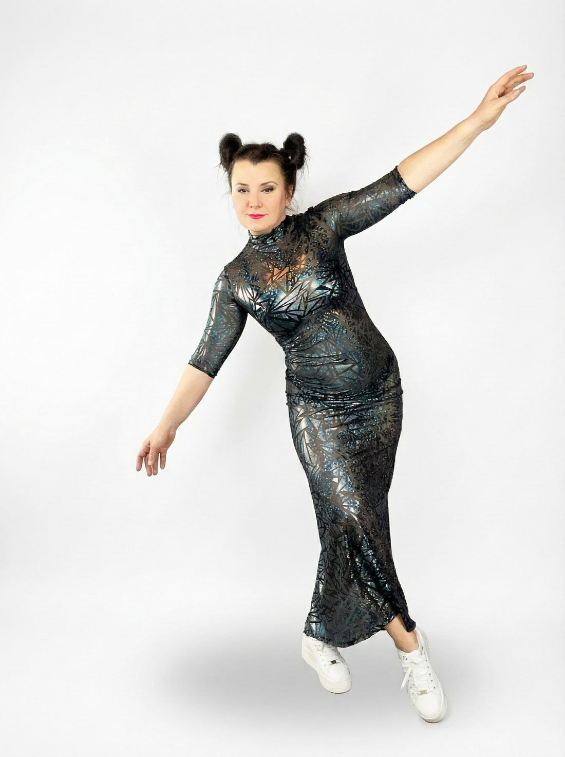 Sheer Mesh Maxi Dress, Holographic Geometric Print Gown, Black Spandex Party Dress, Long Sleeve Festival Outfit, See Through Club Wear