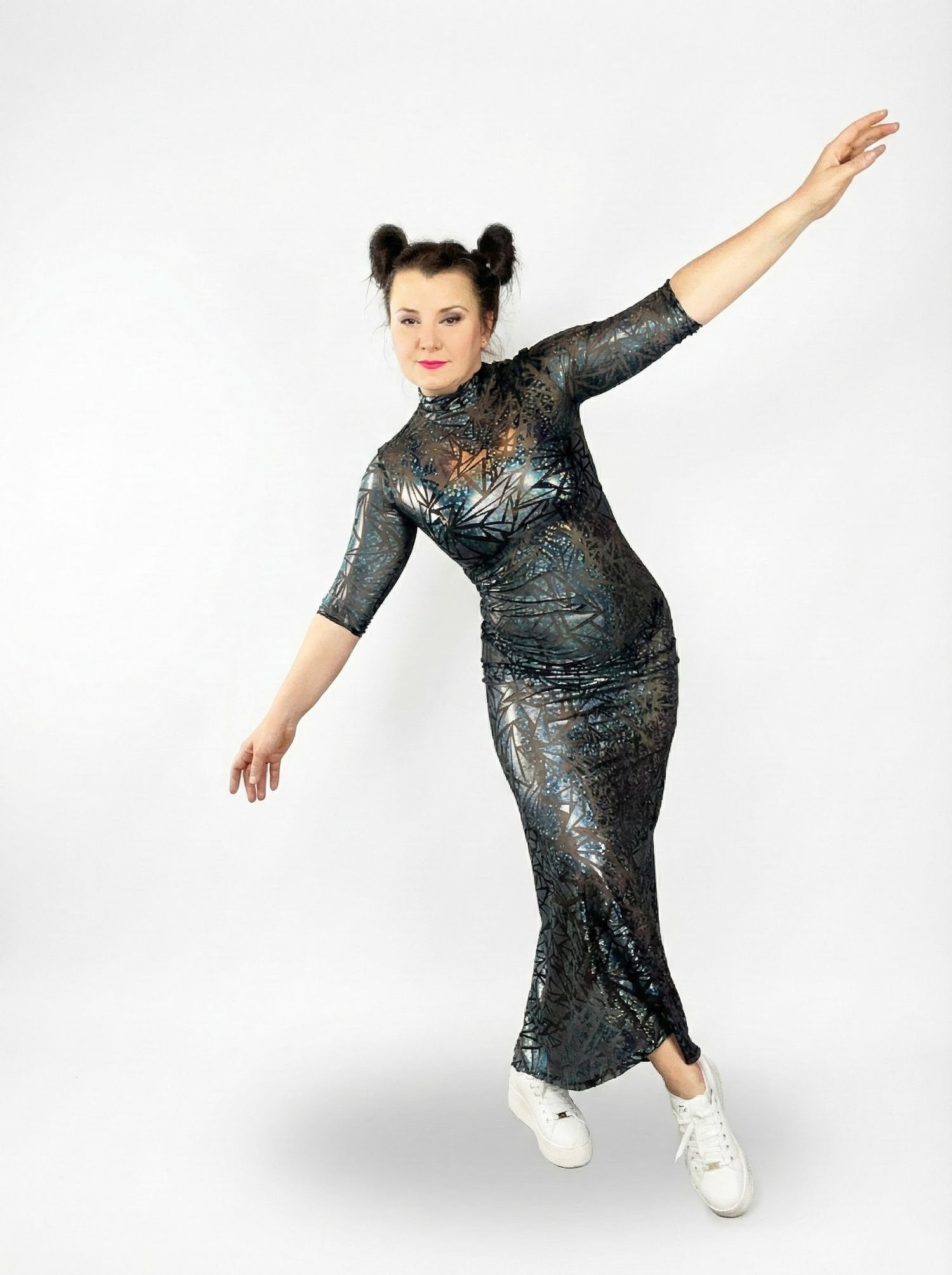 Sheer Mesh Maxi Dress, Holographic Geometric Print Gown, Black Spandex Party Dress, Long Sleeve Festival Outfit, See Through Club Wear