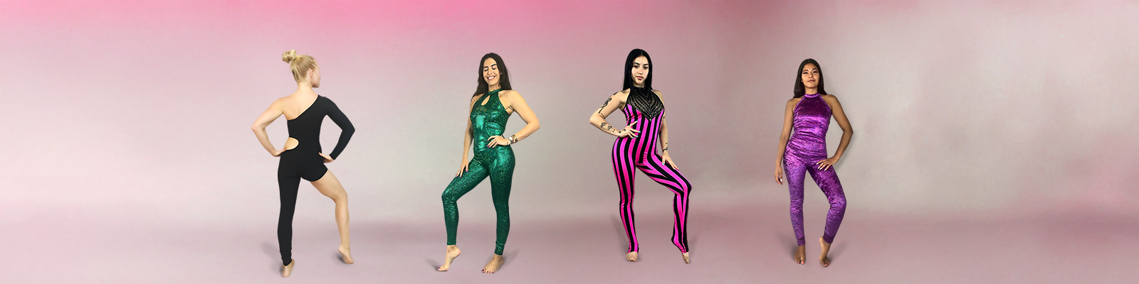 Five women pose in colorful dance outfits against a pink gradient background.