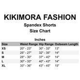 Vertical Stripe Shorts size chart with waist, hip, and outseam measurements for XS to XL; features a high waistband and sculpted back seam.