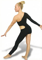 A model poses gracefully on tiptoes against a white background, wearing the Unisex Isolated Black Catsuit featuring an asymmetric design and stylish cut outs.