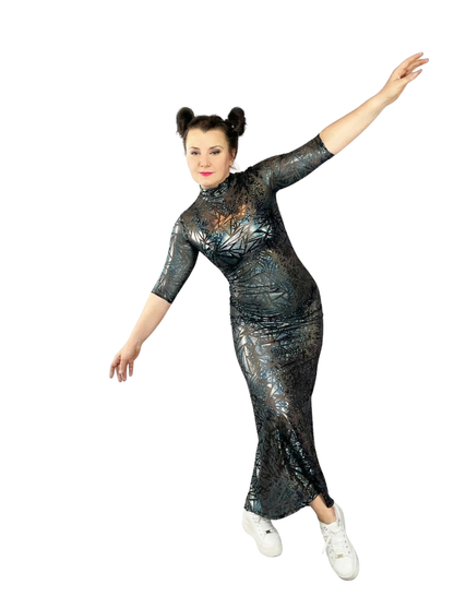 Sheer Mesh Maxi Dress, Holographic Geometric Print Gown, Black Spandex Party Dress, Long Sleeve Festival Outfit, See Through Club Wear