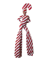 The Candy Cane Christmas Costume for Performers features a red & white diagonal stripe spandex jumpsuit with stilt covers and a headpiece, perfect for parades or festive events. Ideal holiday wear for performers looking to stand out.
