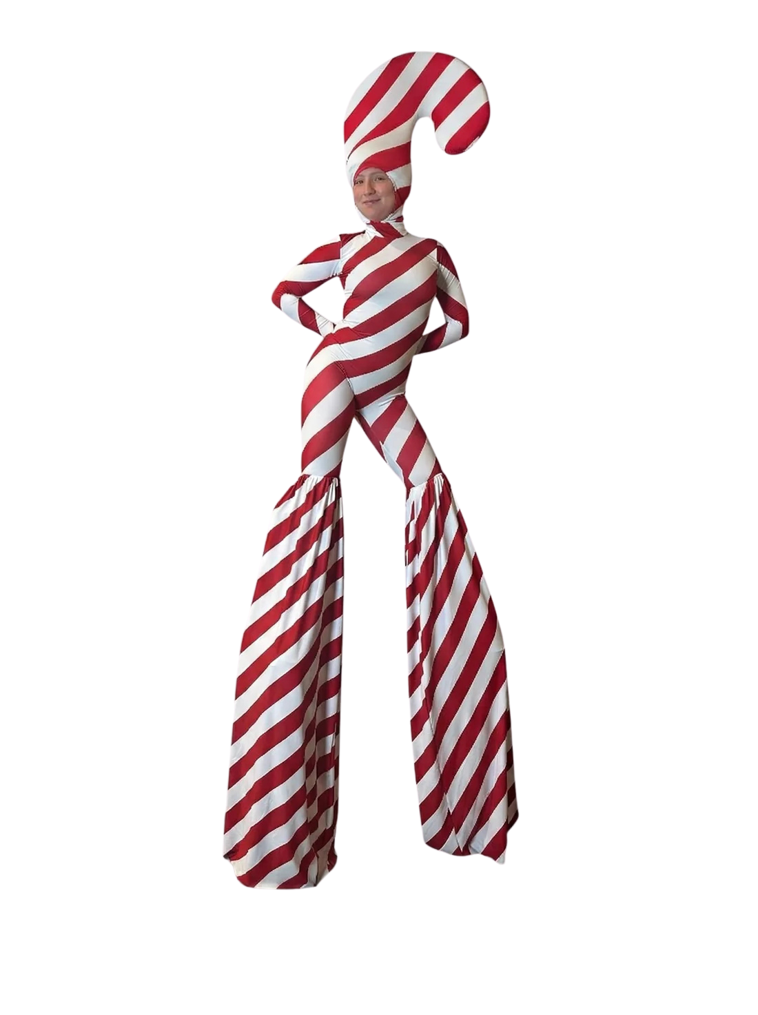 The Candy Cane Christmas Costume for Performers features a red &amp; white diagonal stripe spandex jumpsuit with stilt covers and a headpiece, perfect for parades or festive events. Ideal holiday wear for performers looking to stand out.