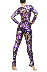 A person models the Frozen Snowflake Purple Gold Catsuit with a round neck and full sleeves, standing barefoot, hands on hips, and facing away.