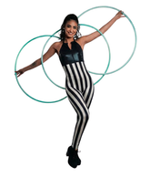 Woman in a black and white striped spandex catsuit with hologram halter top poses with three hula hoops against a white background. The full body stretch suit features a front zipper, perfect for performance wear.