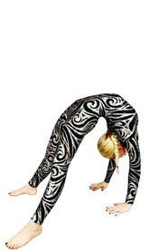 A performer wears the Jester Print Catsuit Full Body Costume—colorful spandex jumpsuit with headpiece, gloves, and socks—bending backward in a flexible dance, its UV glow fabric enhancing their dynamic moves.