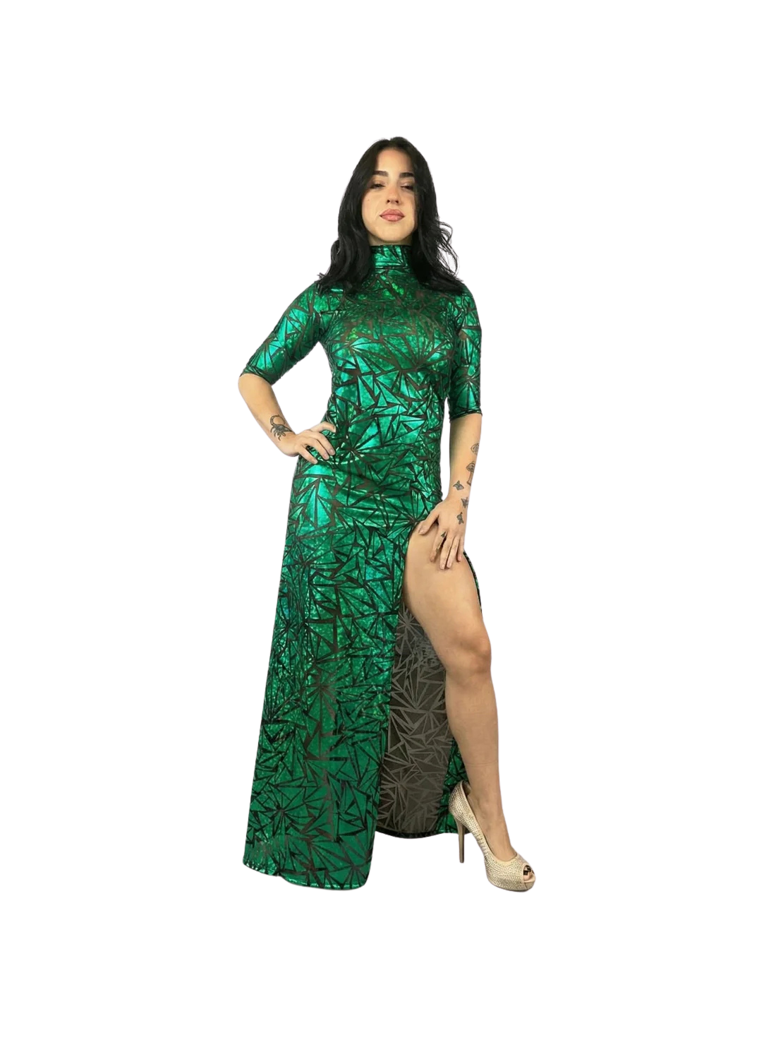 Emerald Green Mesh Dress, Turtleneck, 3/4 Sleeves